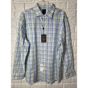 Hickey Freeman Men's Dress Shirt Modern Fit Size 17.5 34/35 Green Blue plaid NWT